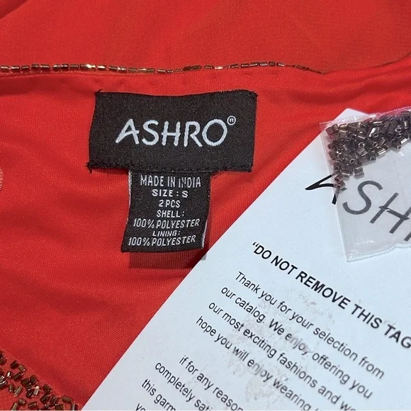 ASHRO Bead Trimmed Georgette Tangerine Orange Midi Skirt Set Wedding Guest Dress - Picture 13 of 16